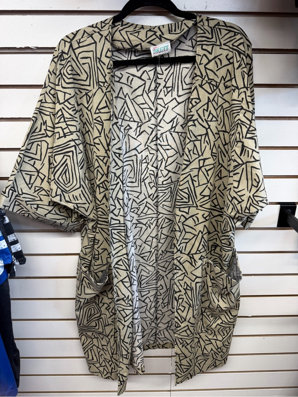 Sue Brett Abstract Geometric Open Front Kimono Cardigan Cover Up Pockets